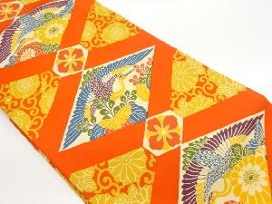 塩瀬型染菱に亀甲・鶴・花々・唐草模様名古屋帯